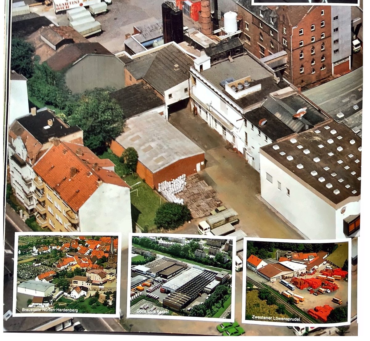 Luftbild der Brauereianlage an der Kölnischen Straße mit Nachbarbebauung, darunter drei kleinere Luftbilder weiterer Betriebe.